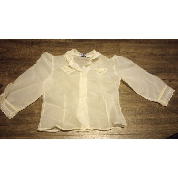 Vintage Dan Dee Girls Top 100% Nylon Sheer Embroidered Flowers Button Up Shirt - Picture 5 of 16